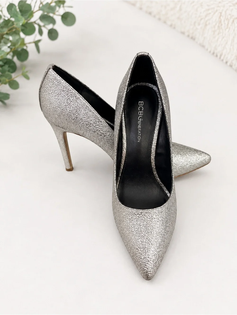BCBGeneration Silver Glitter Pointed-Toe Pumps Size 7.5